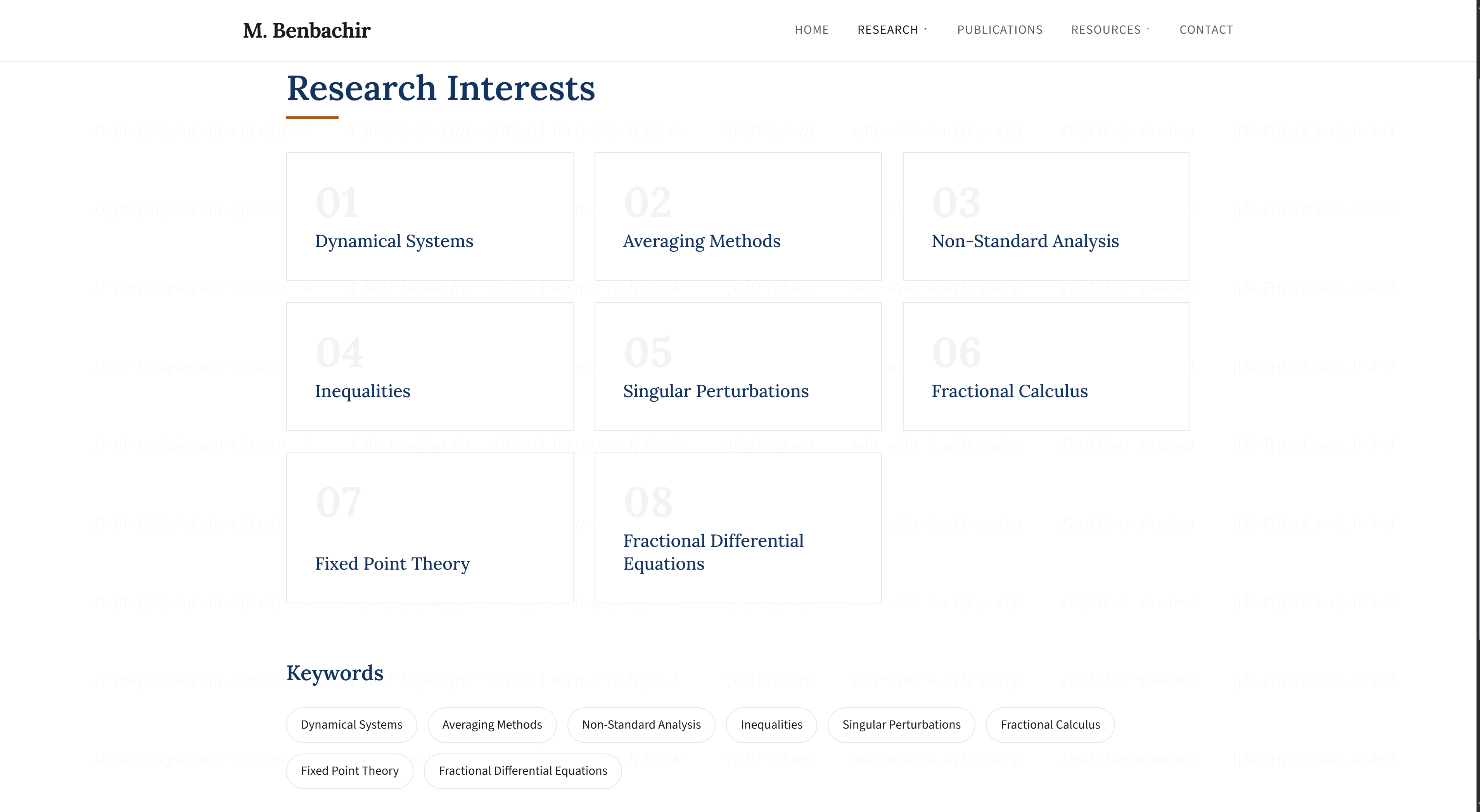 Research page showing books, publications, and structured academic sections.