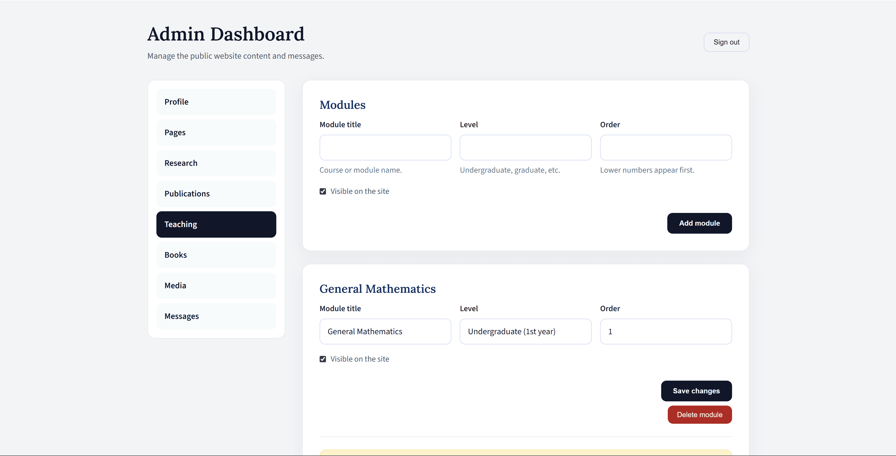 Admin interface for managing repeatable academic content blocks.