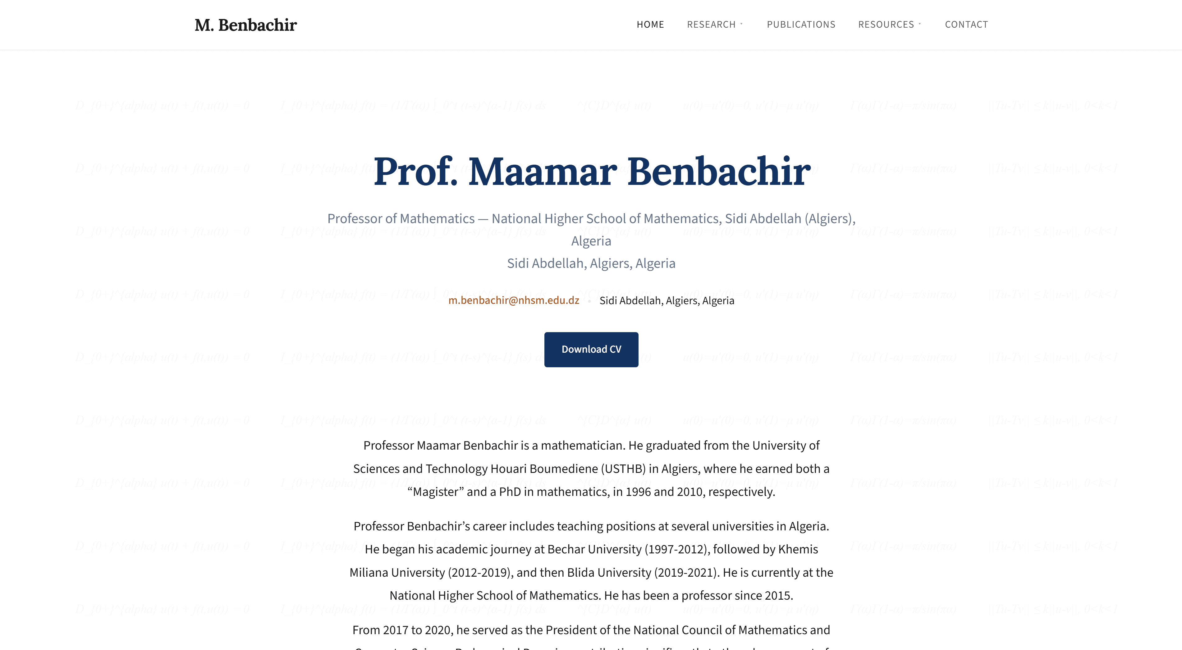 Professor Maamar Benbachir homepage with biography, contact details, and CV call-to-action.