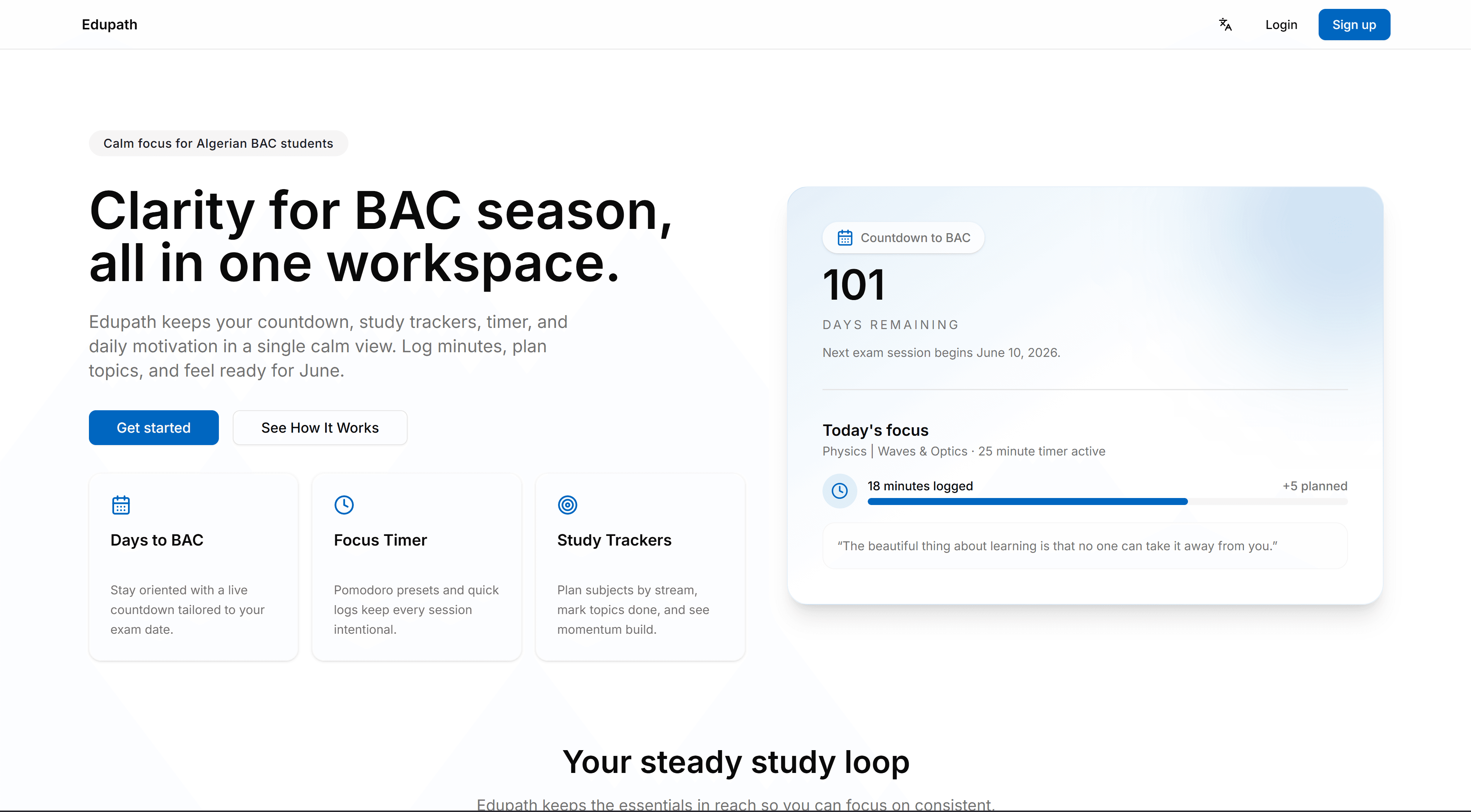 EduPath landing page introducing the course explorer and study flow.