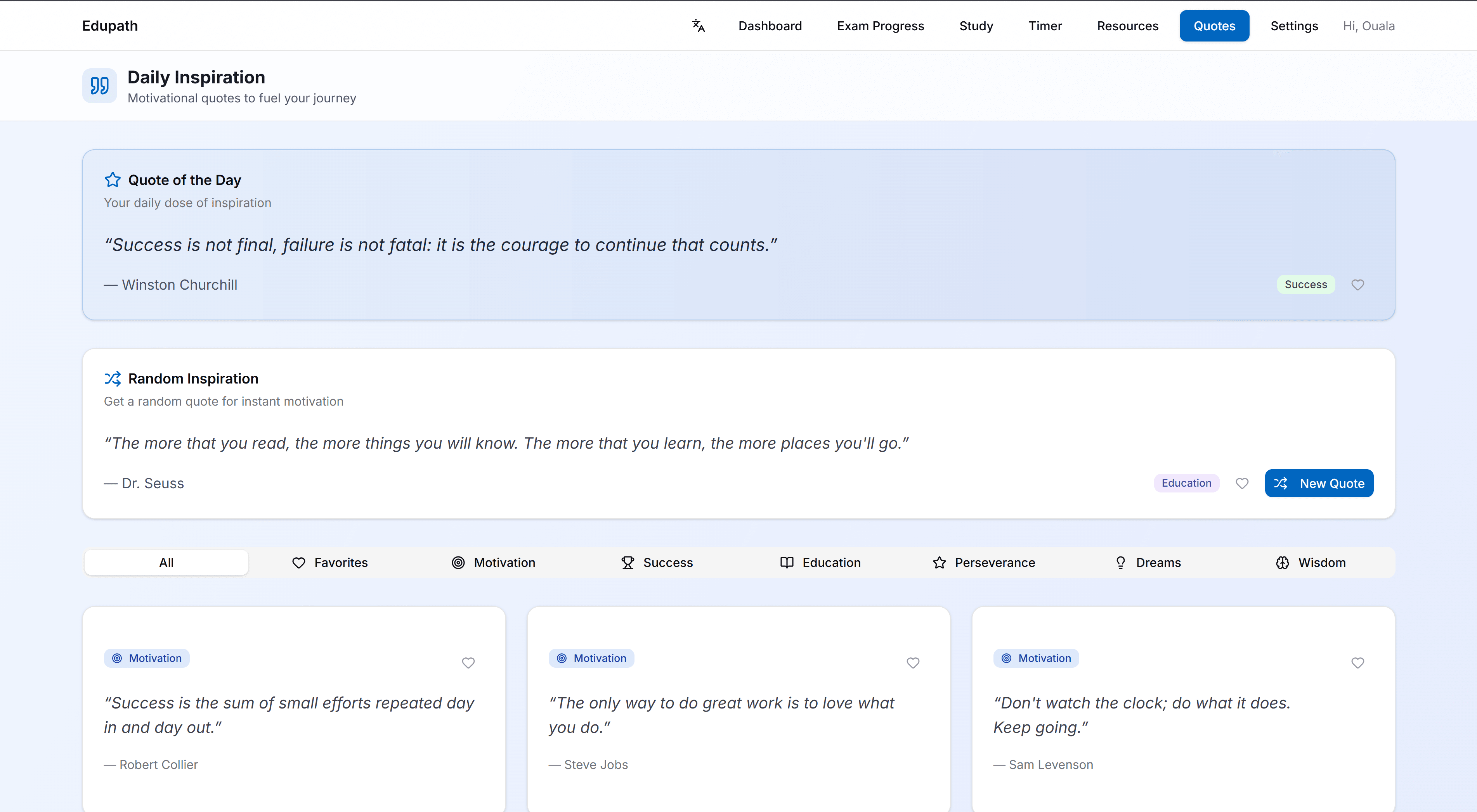 EduPath quotes and motivation section inside the product flow.