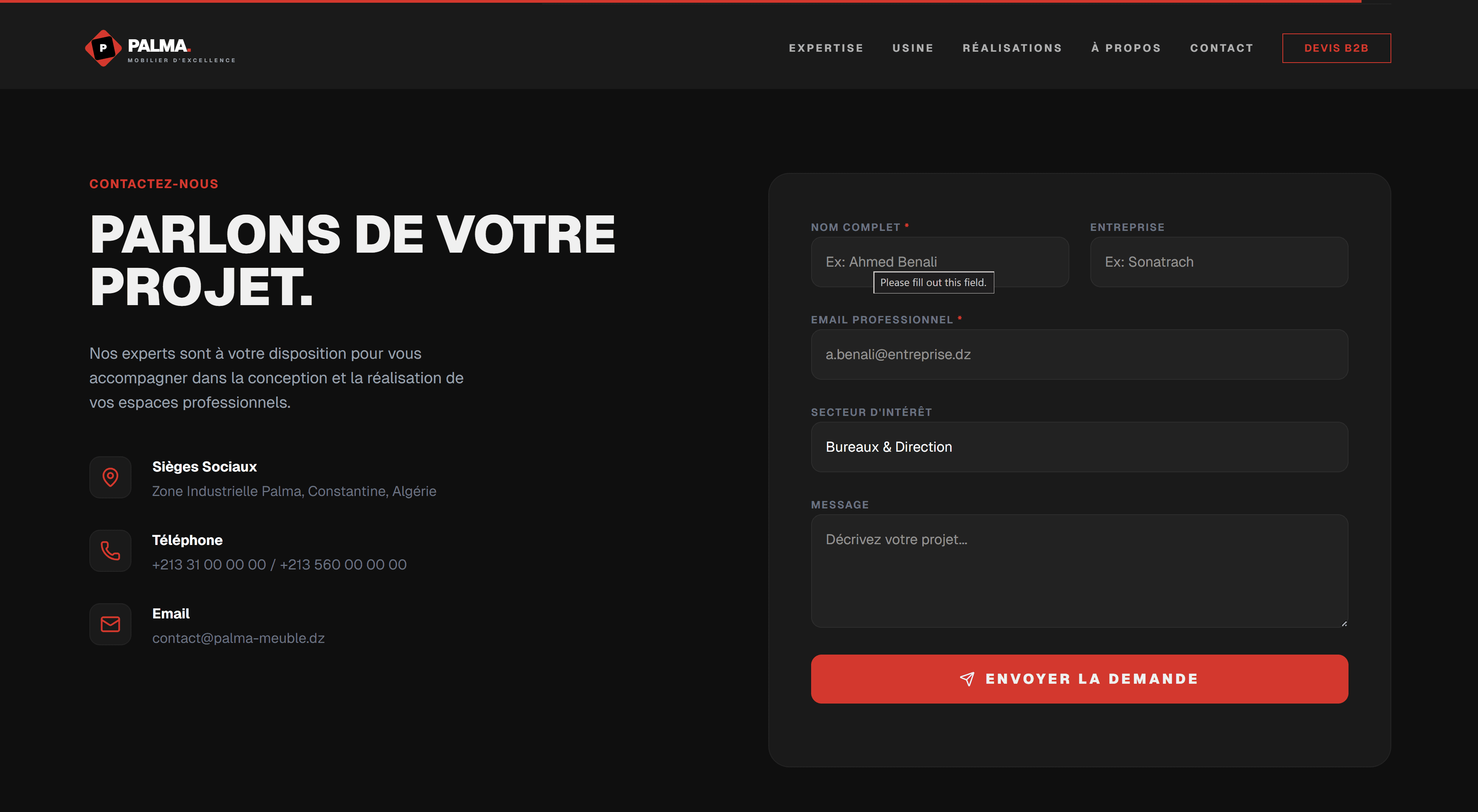Palma Meuble contact page with direct inquiry focus.