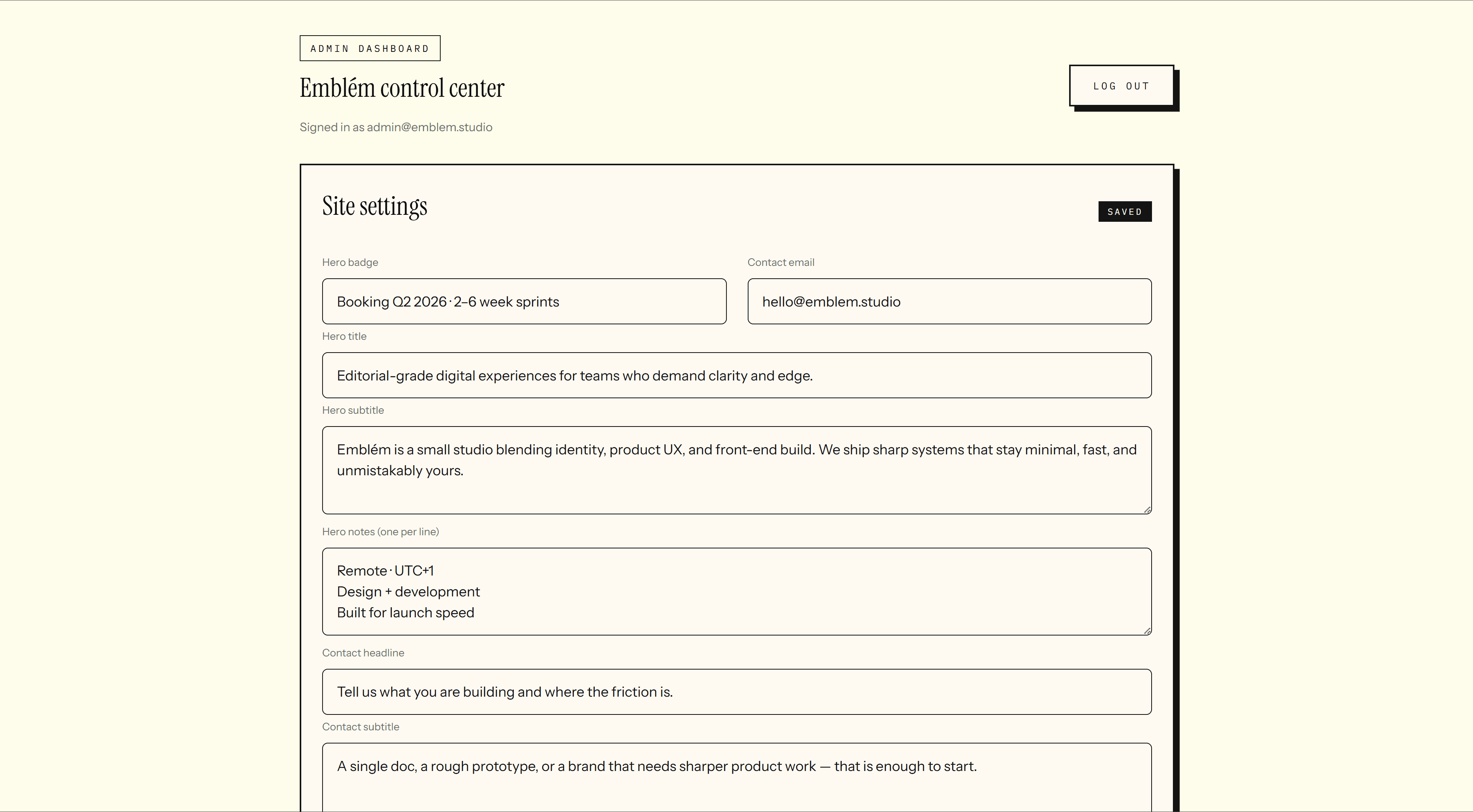 CMS settings page for hero and site-wide content.