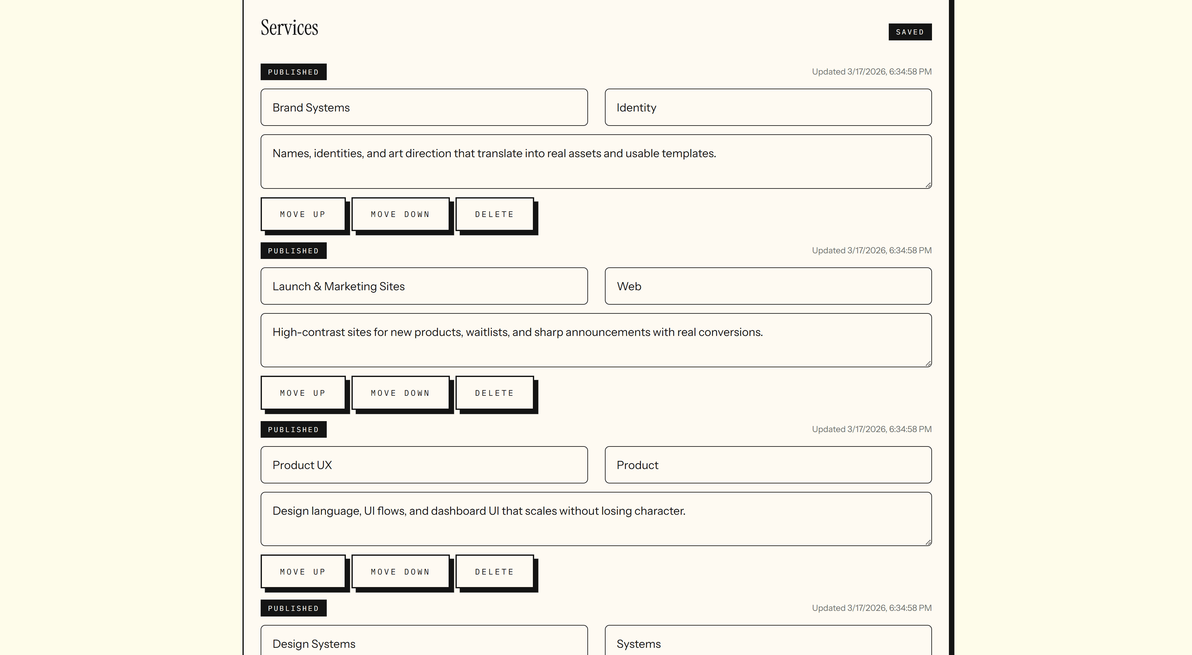 CMS interface for managing repeatable sections and content entries.