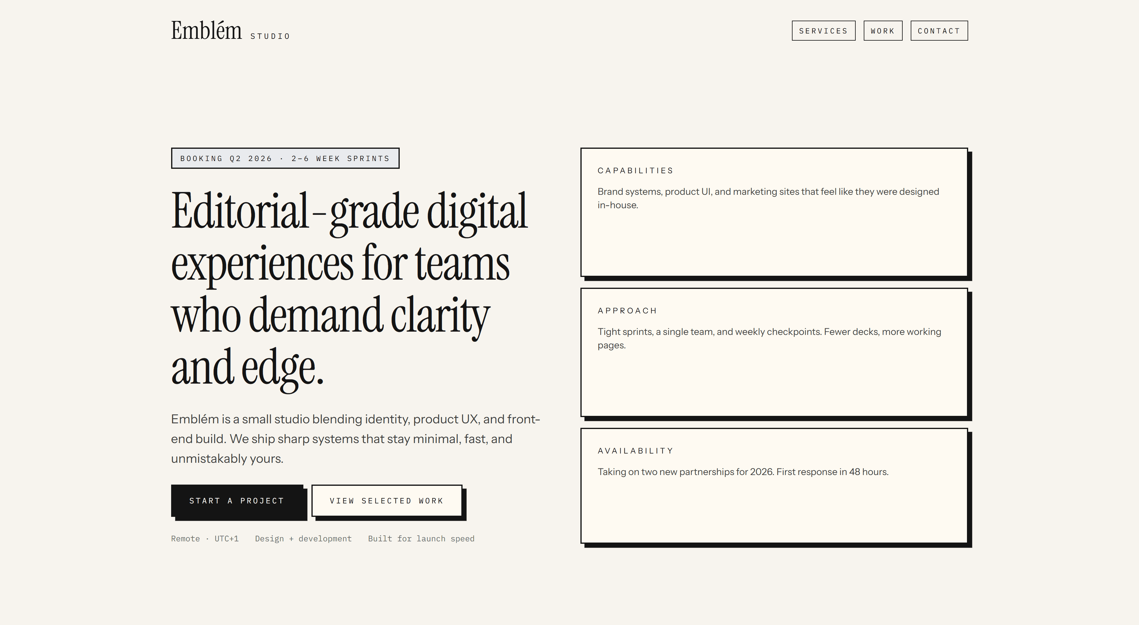 Emblém portfolio homepage hero with editorial typography and strong contrast.