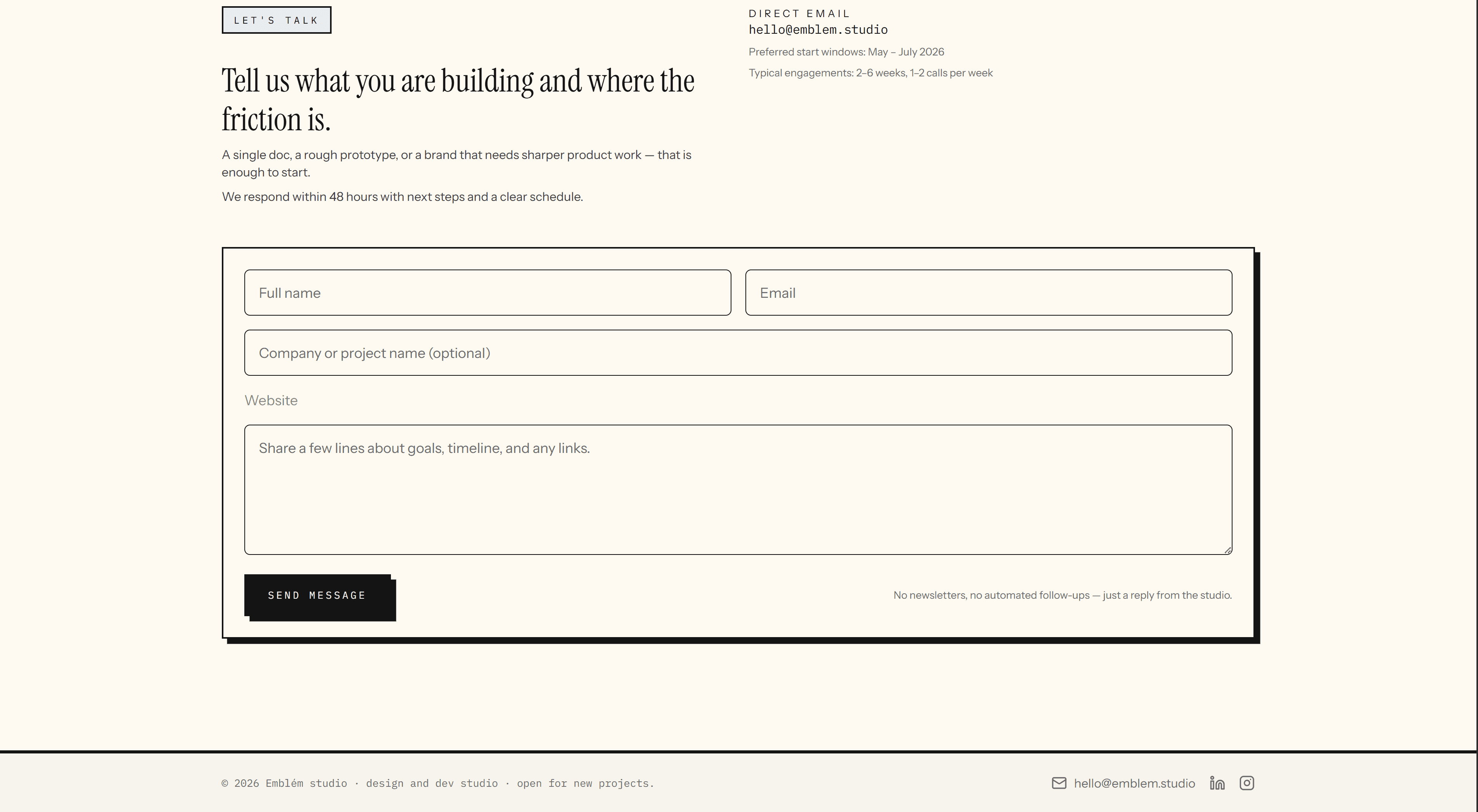 Contact and footer section continuing the editorial brand language.