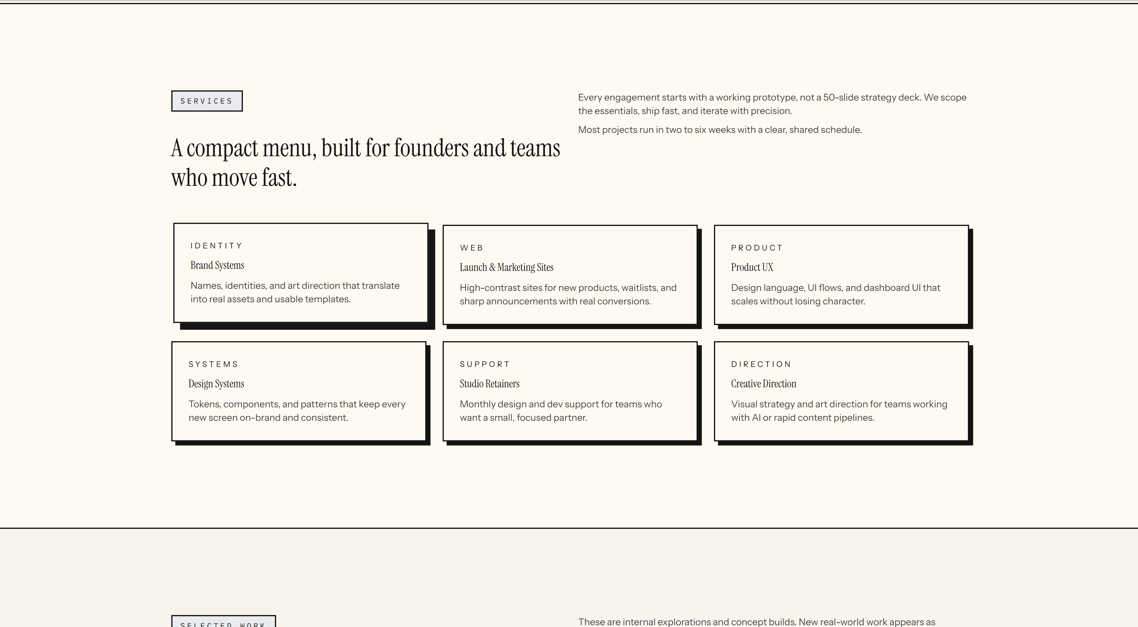 Services section with editorial cards and strong spacing.