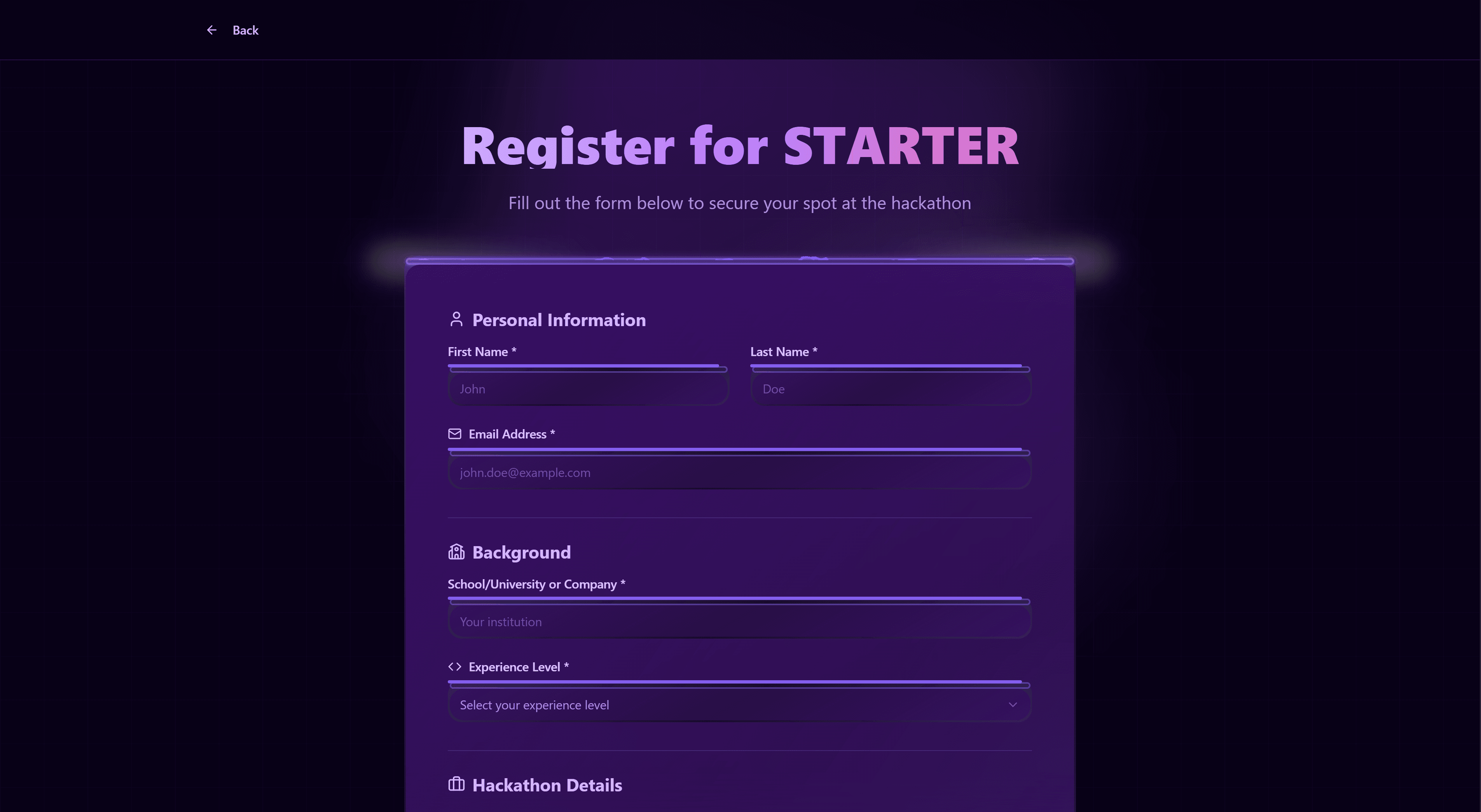 Starter Hackathon registration area focused on sign-up clarity.
