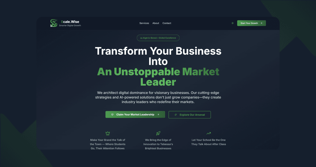 ScaleWise landing page hero and services layout.
